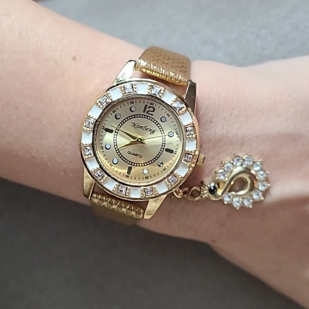 Kim Seng Quartz fashion Watch Gold white bling Dangle‎ charm